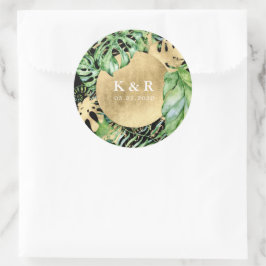 Tropisch gouden loof bruiloft monogram ronde sticker