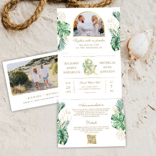 Tropisch Gouden Monstera Palm Foto QR Code Bruilof Drieluik Uitnodiging