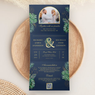Tropisch Gouden Monstera Palm Marineblauwe QR Code Drieluik Uitnodiging