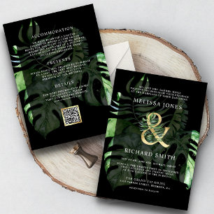 Tropisch Gouden Monstera Palm Zwart QR Code Trouwe Kaart