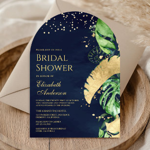 Tropisch Gouden Palmboog Marineblauw Bruidsdouche Kaart