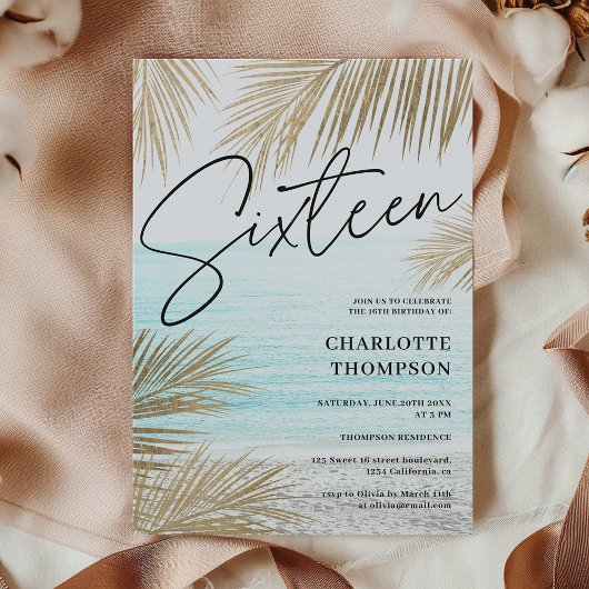 Tropisch gouden palmboom strandschrift Sweet 16 Kaart