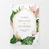 Tropisch Gouden Roze Bloem QR Code Bruiloft Drieluik Uitnodiging (Cover)