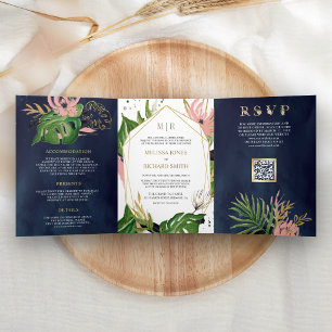 Tropisch Gouden Roze Bloemig Marineblauw QR Code T Drieluik Uitnodiging
