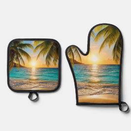 Tropisch Gouden Uur | Zonsondergang Palm Beach Keu Ovenwant & Pannenlap Set