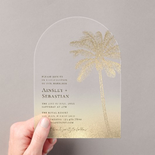 Tropisch gouden zandpalm boom Boho strand bruiloft Acryl Uitnodigingen (Insitu (Draagbaar))