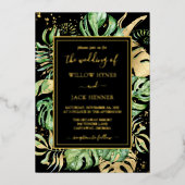 Tropisch goudolie Elegant Foliage Weddenschap Folie Uitnodiging (Voorkant)