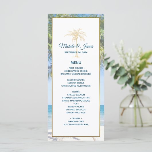 Tropisch goudpalm Beach Photo Weddenschap Menu (Staand voorkant)
