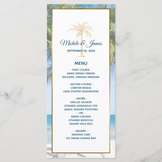 Tropisch goudpalm Beach Photo Weddenschap Menu (Voorkant)
