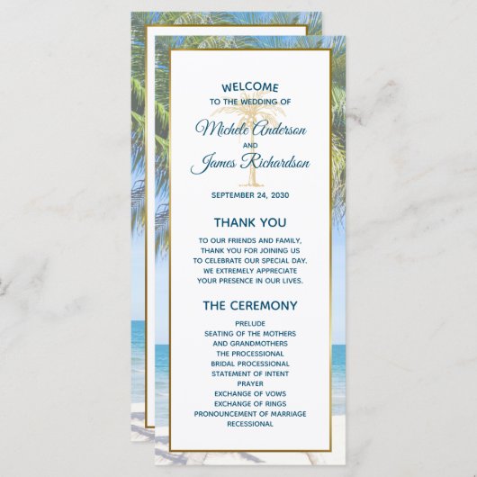 Tropisch goudpalm Beach Photo Weddenschap Programmakaart (Voorkant / Achterkant)