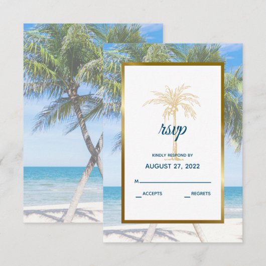 Tropisch goudpalm Beach Photo Weddenschap RSVP Kaartje (Voorkant / Achterkant)