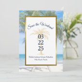 Tropisch goudpalm Beach Photo Weddenschap Save The Date (Staand voorkant)