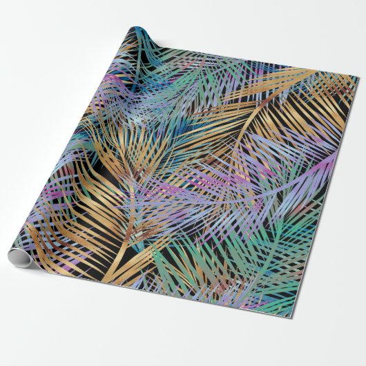 Tropisch goudpalm laat kleurig zwart design over cadeaupapier (Uitgerold)