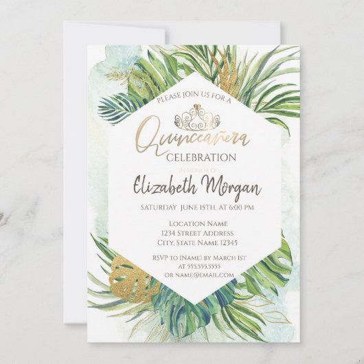 Tropisch goudpalm vertrekt Summer Quinceañera Kaart (Voorkant)