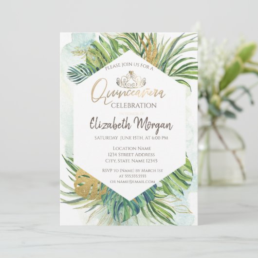 Tropisch goudpalm vertrekt Summer Quinceañera Kaart (Staand voorkant)