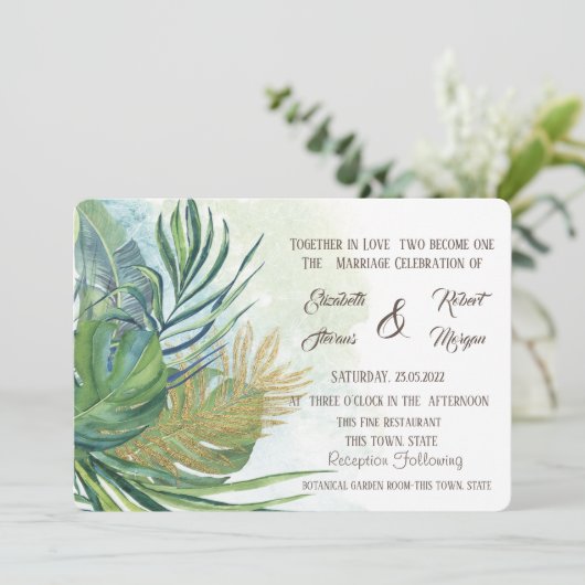 Tropisch goudpalm vertrekt zomerbruiloft I Kaart (Staand voorkant)