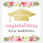 Tropisch goudroze Floral Afstuderen Vierkante Sticker (Voorkant)