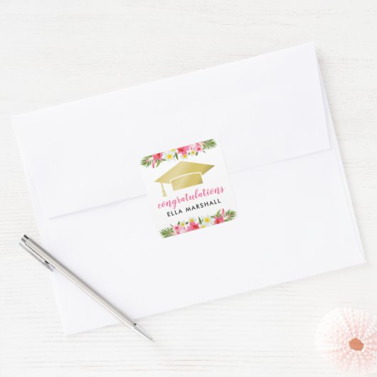 Tropisch goudroze Floral Afstuderen Vierkante Sticker (Envelop)