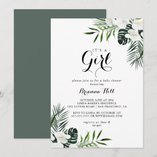Tropisch Greenery White Het is een meisje Baby sho Kaart