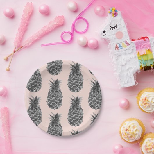 Tropisch grijs en roze anananas naadloos patroon papieren bordje (Feest)