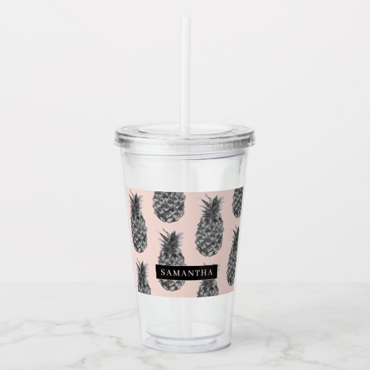 Tropisch grijs en roze anananassap patroon met naa acryl drinkbeker (Voorkant)