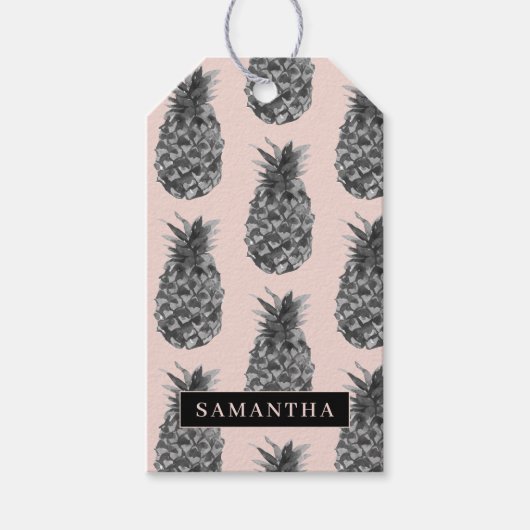 Tropisch grijs en roze anananassap patroon met naa cadeaulabel (Voorkant)