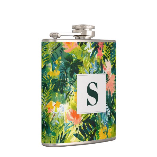 Tropisch Groen Abstract Botanisch Monogrammed Heupfles (Rechts)