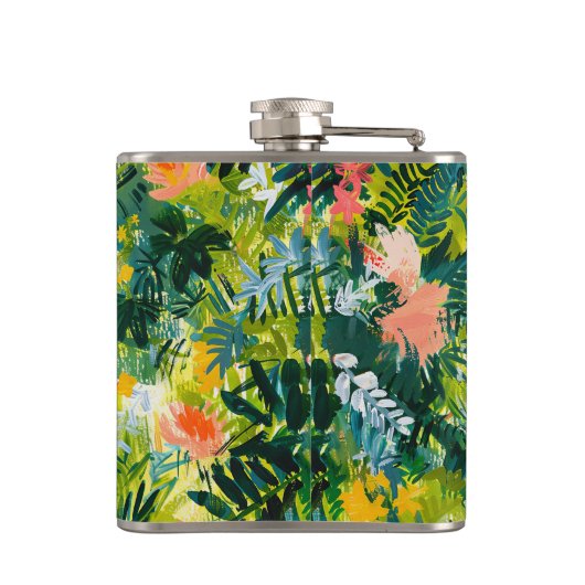 Tropisch Groen Abstract Botanisch Monogrammed Heupfles (Achterkant)