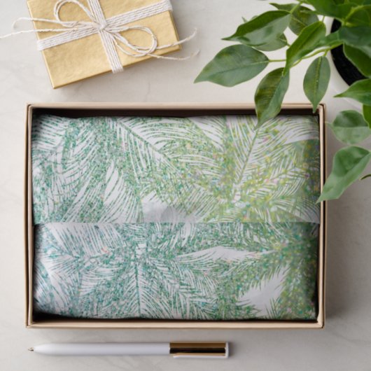 Tropisch groen/aqua glitter palmen tissuepapier (Geschenk)