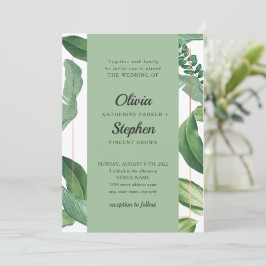 Tropisch groen blad. Botanische elegante bruiloft Kaart (Staand voorkant)