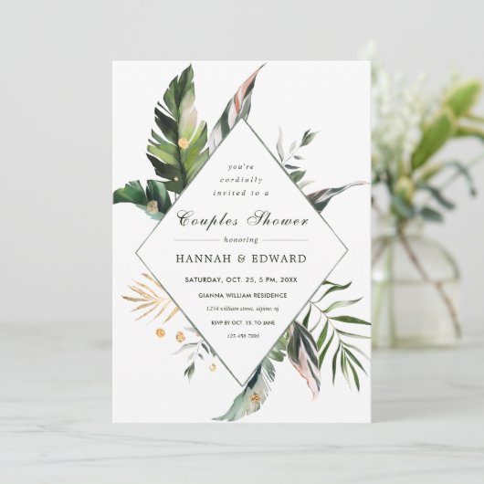 Tropisch groen blad Bruidspaar Bruiloft Kaart (Staand voorkant)