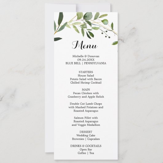 Tropisch groen blad diner menu Kaart (Voorkant)