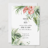 Tropisch groen blad en anthurium roze bloemen kaart (Voorkant)