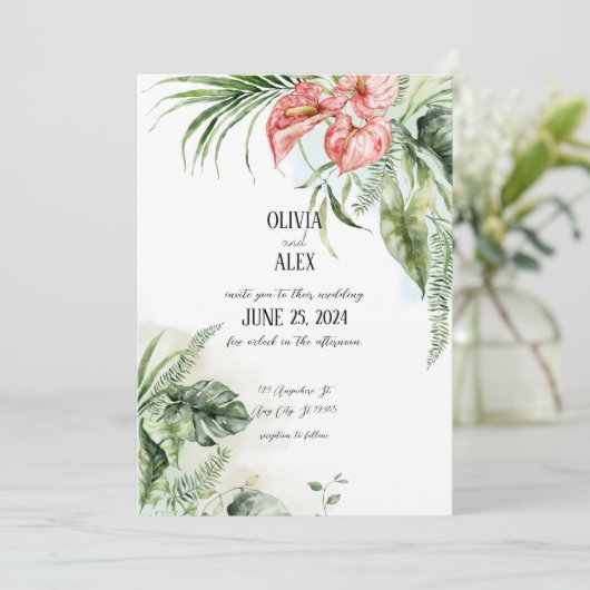 Tropisch groen blad en anthurium roze bloemen kaart (Staand voorkant)