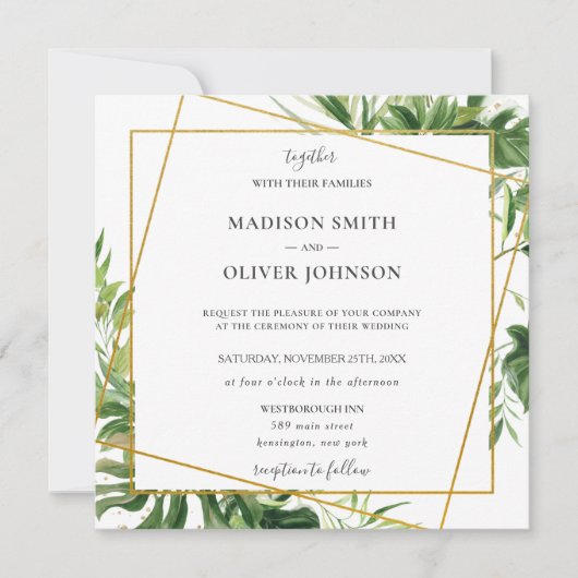 Tropisch groen blad gouden geometrische bruiloft kaart (Voorkant)