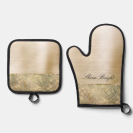 Tropisch groen blad Gouden schittering Ovenwant & Pannenlap Set