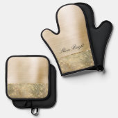 Tropisch groen blad Gouden schittering Ovenwant & Pannenlap Set (Voorkant / Achterkant)