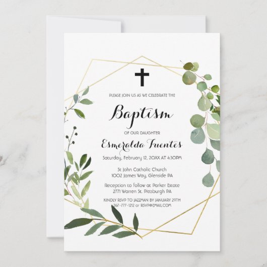 Tropisch groen blad kruis doop kaart (Voorkant)