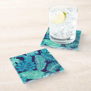 Tropisch Groen Blad Patroon in Blauw Glazen Onderzetter