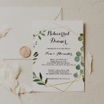Tropisch groen blad repetitie diner kaart<br><div class="desc">Deze tropische groene blaadjes repetitie diner uitnodiging is perfect voor een bestemming bruiloft repetitie. Het ontwerp is voorzien van handgeschilderde mooie groene bladeren,  die een gouden geometrisch lijst versieren.</div>