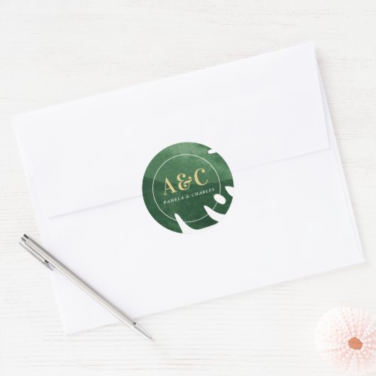 Tropisch groen blad ronde sticker (Envelop)