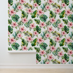 Tropisch groen blad roze Hibiscus bloemen Behang