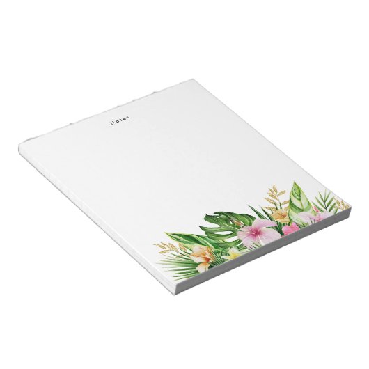 Tropisch groen blad Sinaasappel roze bloemen op ma Notitieblok (Schuin)