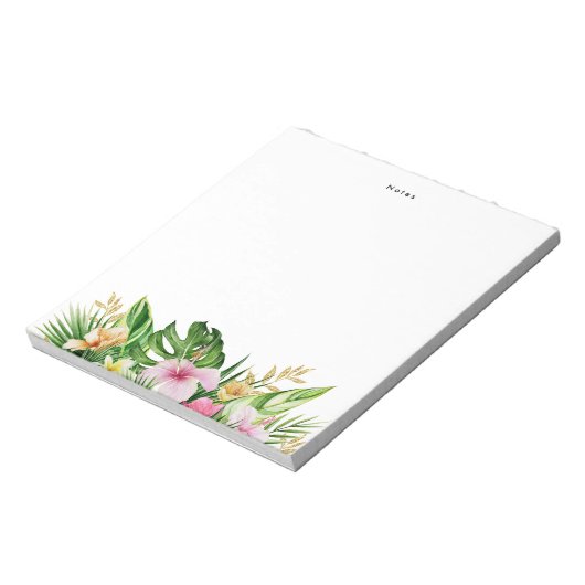 Tropisch groen blad Sinaasappel roze bloemen op ma Notitieblok (Linkerzijde)