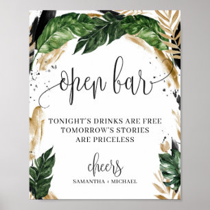 Tropisch groen bladeren bloemen open bar bord poster