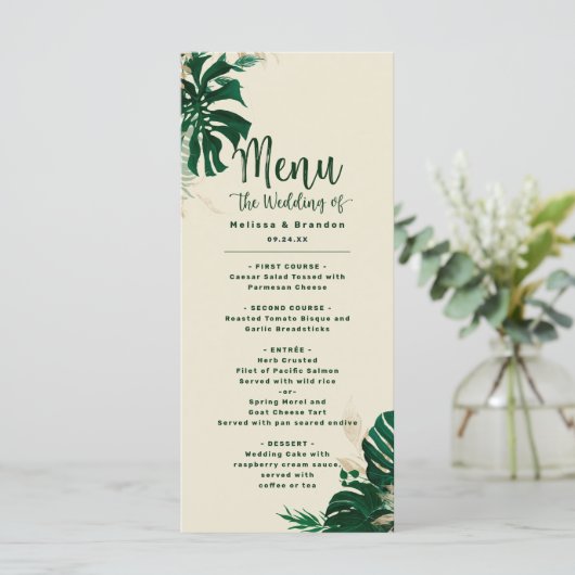 Tropisch groen & bladeren Modern bruiloft diner Menu (Staand voorkant)