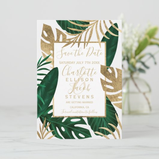 Tropisch groen bladgoud met uitzondering van de da save the date (Staand voorkant)