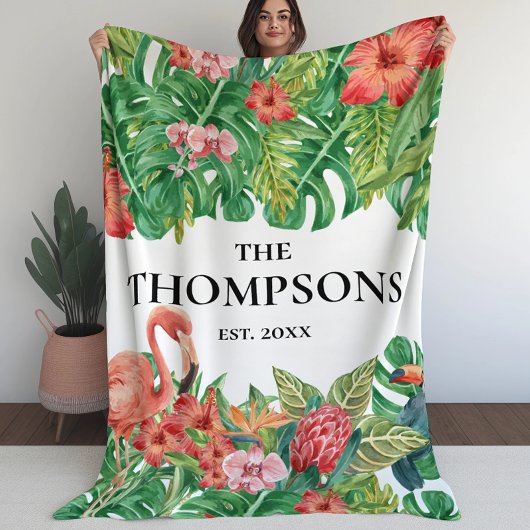 Tropisch groen bladwerk Roze Flamingo Familie Fleece Deken