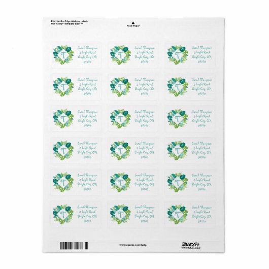 Tropisch Groen Blaf Monogram Adres Etiket (Full Sheet)