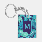 Tropisch groen blauw bladerdepatroonmonogram sleutelhanger (Voorkant Links)